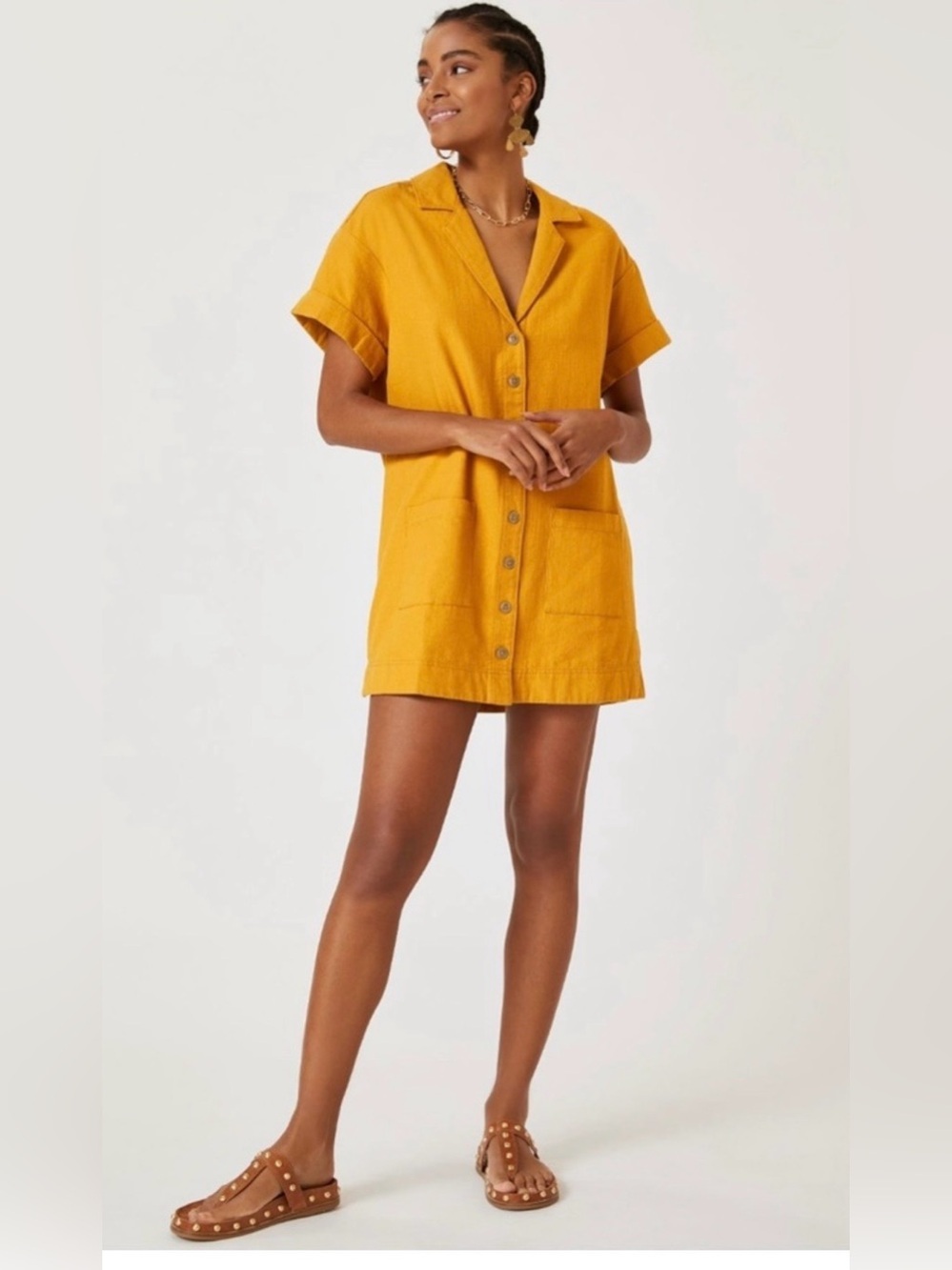 Pilcro Anthropologie Mustard Cotton Linen Button Front Utility Shirt Dress M